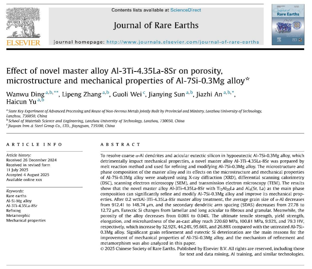 Lanzhou University of Technology Research Team Achieves Major Breakthrough in Rare Earth Composite Master Alloys
